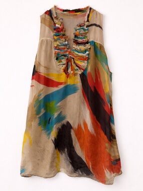 Blue Tassel Silk Boho Tunic Tank L Abstract Watercolor Ruffle Neck Sleeveless
